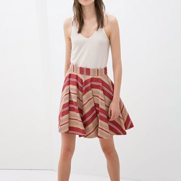 ZARA‎ CIRCLE SKIRT STRIPED RED TAN SIZE XS - Picture 1 of 10